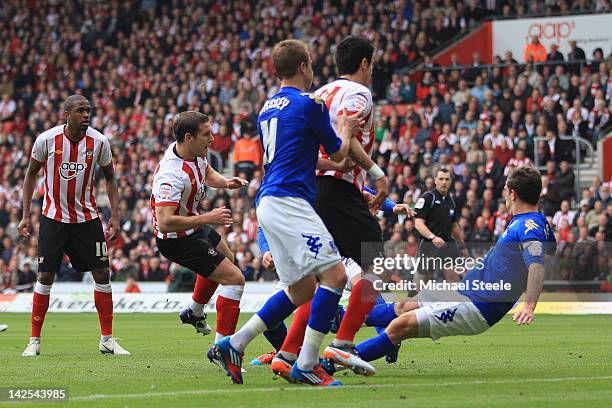 Billy Sharp of Southampton scores the opening goal during the npower Championship match between Southampton and Portsmouth at St Mary's Stadium on...