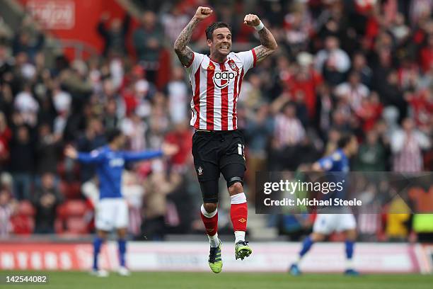 Daniel Fox of Southampton celebrates his sides second goal scored by Billy Sharp during the npower Championship match between Southampton and...