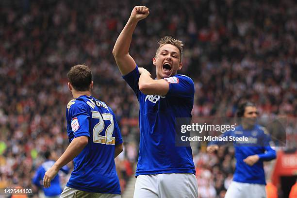 Scott Allan of Portsmouth celebrates in front of the Southampton supporters after the second equalising goal scored by David Norris during the npower...