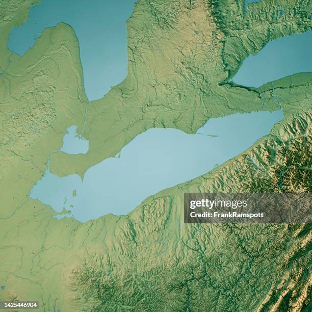 lake erie topographic map 3d render color - lake erie aerial stock pictures, royalty-free photos & images