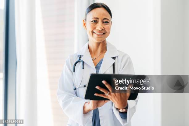 telehealth doctor woman, connect digital tablet and virtual healthcare analysis, medical service and planning online. happy portrait of wellness worker, medicine research and clinic internet results - choosing insurance stock pictures, royalty-free photos & images