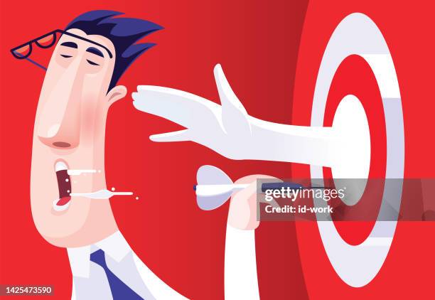 businessman holding dart but slapped by bullseye - off target stock illustrations