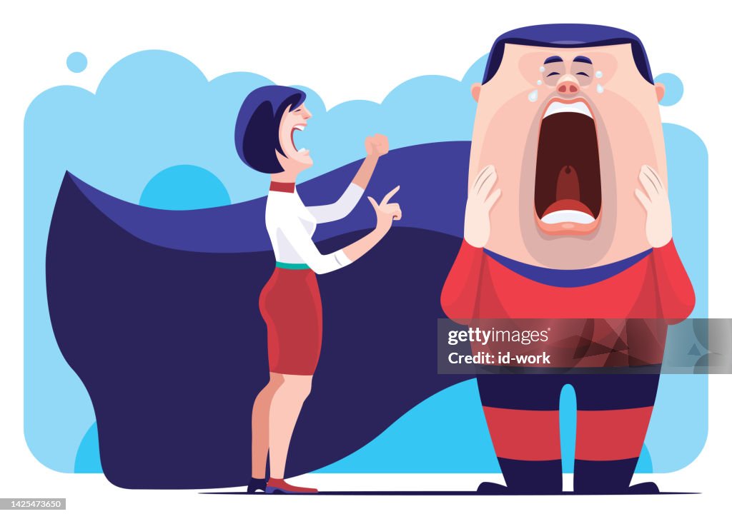 Angry woman blaming crying super hero