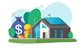 Money mortgage credit on home vector, house building tax value and expense, property real estate refinance loan, price or cost of habitation ownership, investment fund cash to construction image