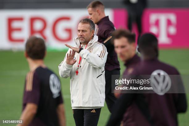 Head coach Hans-Dieter Flick gestures during a Germany training session at DFB-Campus on September 20, 2022 in Frankfurt am Main, Germany.
