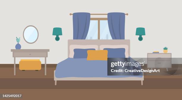 stockillustraties, clipart, cartoons en iconen met modern bedroom interior with bed and dressing table - slaapkamer