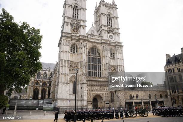 General view of the gun carriage outside Westminster Abbey during the State Funeral of Queen Elizabeth II at Westminster Abbey on September 19, 2022...