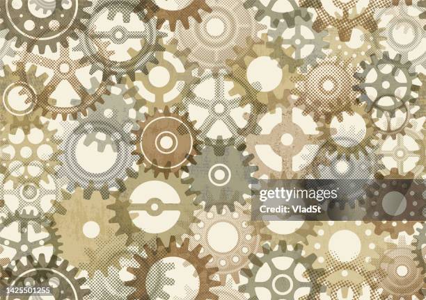 mechanische zahnräder uhrwerke industrielles nahtloses muster rustikaler grunge antiker hintergrund - antique clocks stock-grafiken, -clipart, -cartoons und -symbole