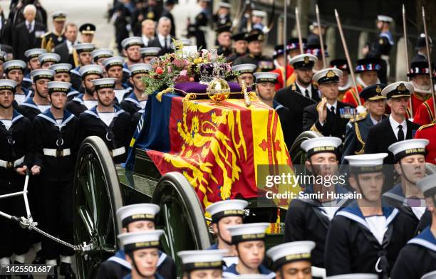 The coffin of Queen Elizabeth II during the State Funeral of Queen Elizabeth II at Westminster Abbey on September 19, 2022 in London, England....