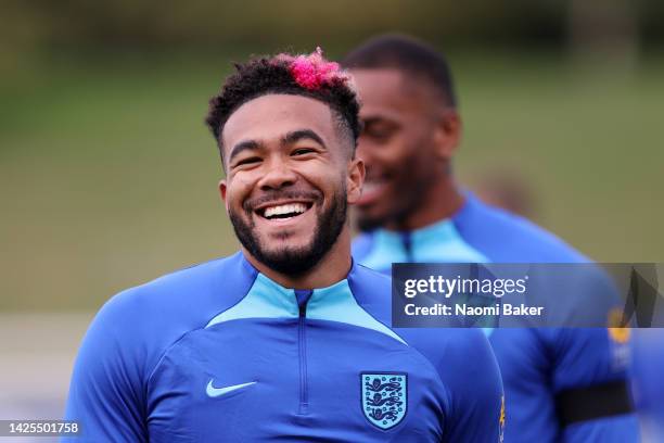 Reece James of England reacts during a training session at St George's Park on September 20, 2022 in Burton upon Trent, England. England will play...