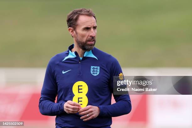 Gareth Southgate, Manager of England looks on during a training session at St George's Park on September 20, 2022 in Burton upon Trent, England....