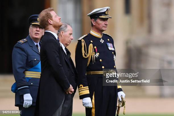 Prince Richard, Duke of Gloucester, Prince Harry, Duke of Sussex, David Armstrong-Jones, Earl of Snowdon and Vice Admiral Sir Timothy Laurence ahead...