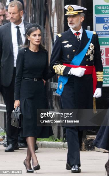 Queen Letizia of Spain, Letizia Ortiz Rocasolano, Felipe VI of Spain during the State Funeral of Queen Elizabeth II at Westminster Abbey on September...