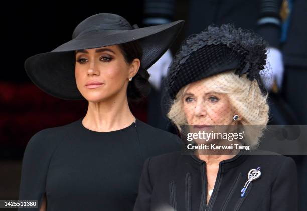 Meghan, Duchess of Sussex and Camilla, Queen Consort during the State Funeral of Queen Elizabeth II at Westminster Abbey on September 19, 2022 in...