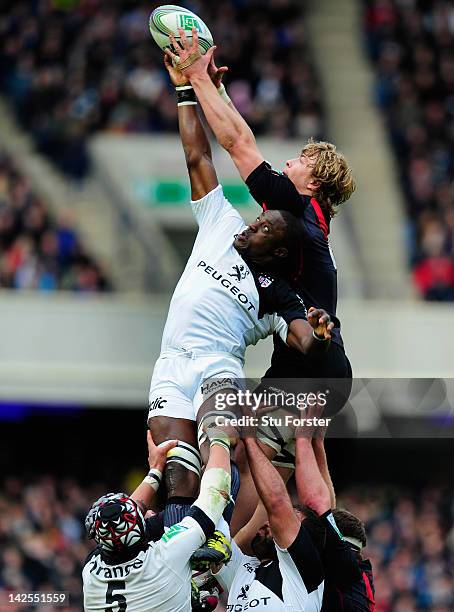 Edinburgh forward David Denton wins a lineout ball from Yannick Nyanga during the Heineken Cup Quarter Final between Edinburgh and Toulouse at...