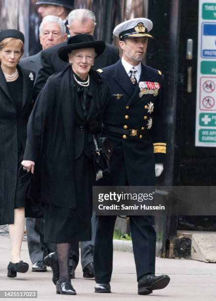 Margrethe II of Denmark and Frederik, Crown Prince of Denmark during the State Funeral of Queen Elizabeth II at Westminster Abbey on September 19,...