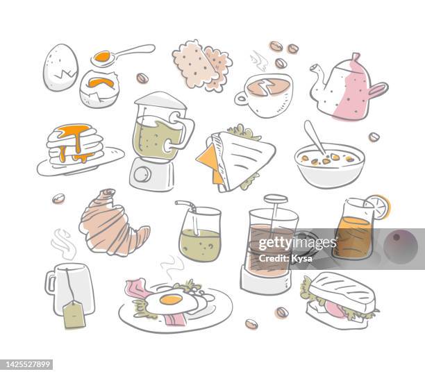 stockillustraties, clipart, cartoons en iconen met breakfast menu sketch - pannenkoeken