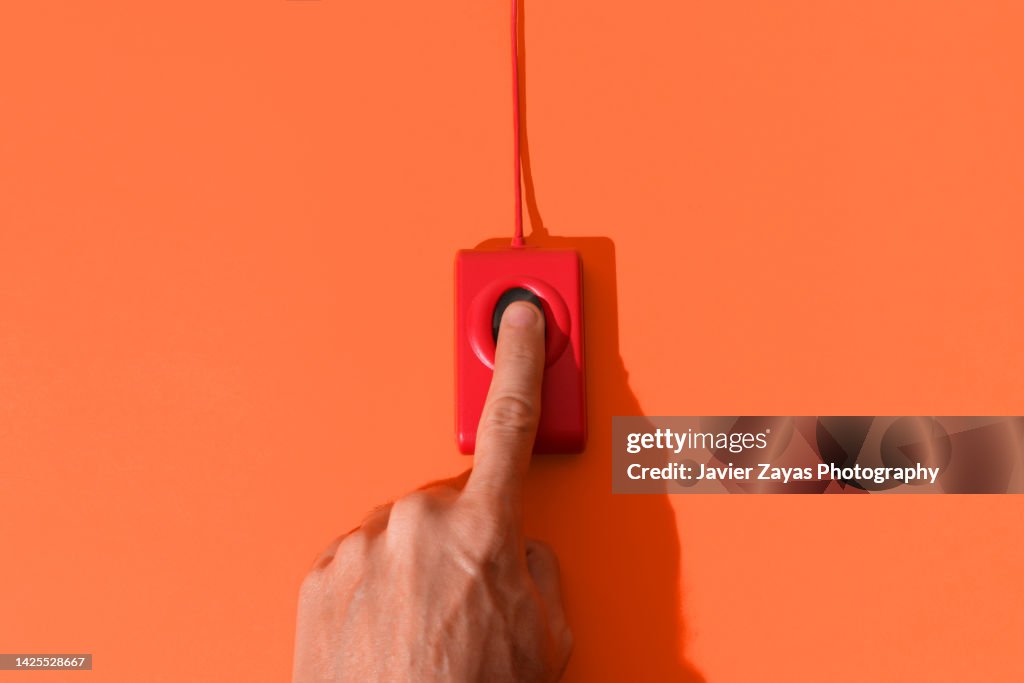 Finger On Red Fingerprint Scanner On Red Background