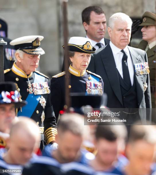 Prince Andrew, Duke of York, King Charles III, Anne, Princess Royal,at Westminster Abbey for the State Funeral of Queen Elizabeth II on September 19,...