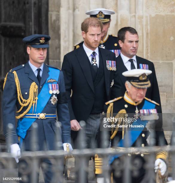 Prince William, Prince of Wales, Prince Harry, Duke of Sussex, Peter Phillips and King Charles III during the State Funeral of Queen Elizabeth II at...