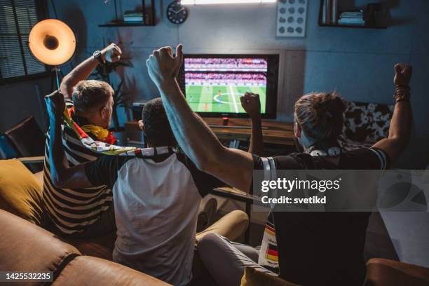 watching soccer championship at home - vigia imagens e fotografias de stock