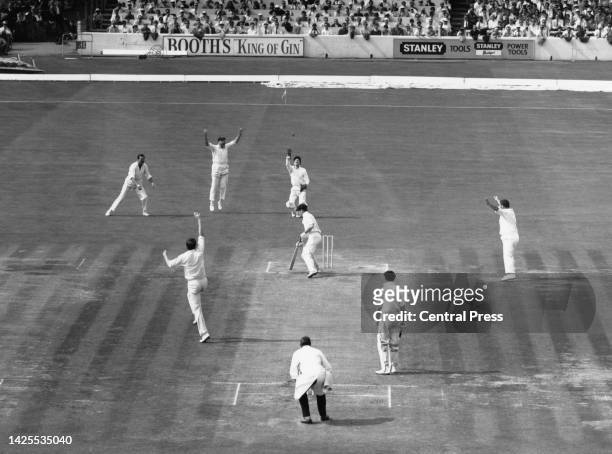 Ian Chappell of the touring Australian cricket team is caught behind by wicketkeeper Alan Knott off the bowling of David Brown for 10 during the...