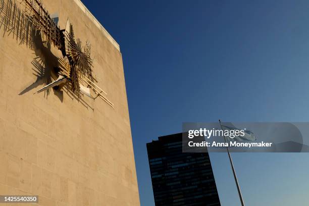 The United Nations flag flies ahead of the 77th session of the United Nations General Assembly at U.N. Headquarters on September 20, 2022 in New York...