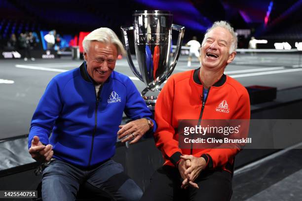 Team Captains John McEnroe and Bjorn Borg talk to the media ahead of the Laver Cup at The O2 Arena on September 20, 2022 in London, England.