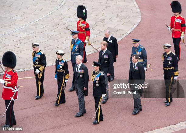 The coffin of Queen Elizabeth II in The state hearse is followed by Prince Edward, Earl of Wessex, Prince Andrew, Duke of York, Anne, Princess Royal,...