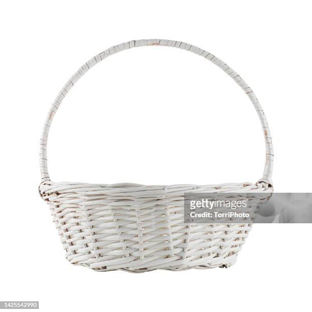 white wicker basket isolated on white background - goes to the basket imagens e fotografias de stock