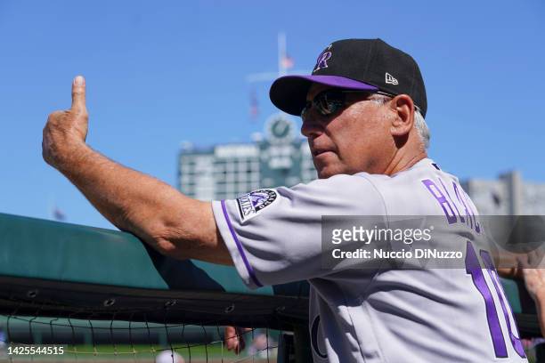 Manager Bud Black of the Colorado Rockies stands in the dugout prior to a game against the Chicago Cubs at Wrigley Field on September 18, 2022 in...