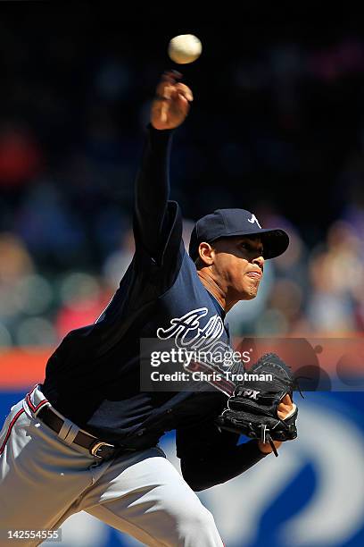 Jair Jurrjens of the Atlanta Braves pitches against the New York Mets at Citi Field on April 7, 2012 in the Flushing neighborhood of the Queens...