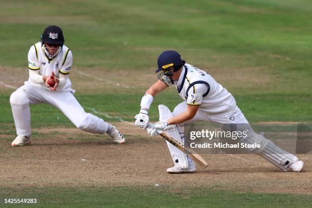 Jacob Bethell of Warwickshire is caught by Ben Charlesworth of Gloucestershire off the bowling of Zafar Gohar during day one of the LV=Insurance...