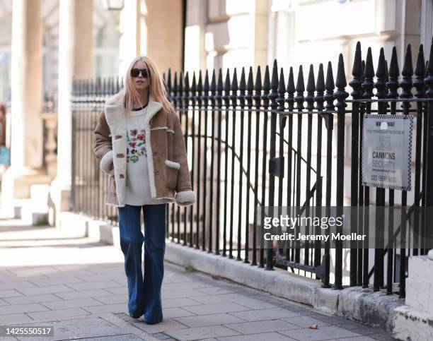 Lady Mary Charteris seen wearing a cozy suede jacket, outside paul and joe during London Fashion Week September 2022 on September 17, 2022 in London,...