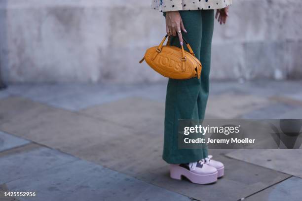 Klaudia Cloud seen wearing a total paul and joe look with a tod's bag, outside paul and joe during London Fashion Week September 2022 on September...