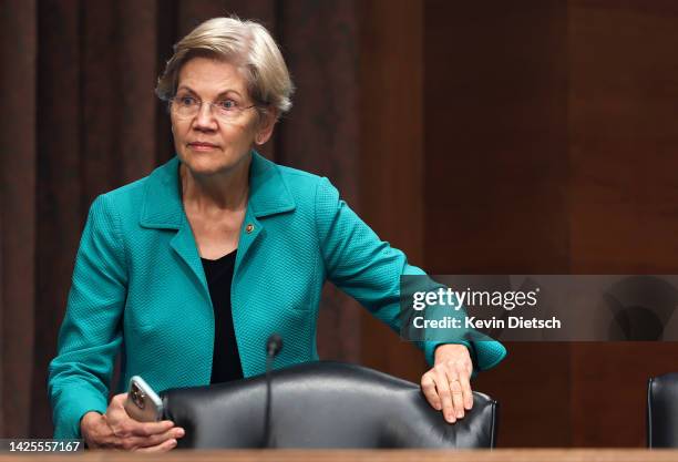 Sen. Elizabeth Warren arrives for a Senate Banking, Housing, and Urban Affairs Committee on Russian sanctions, on Capitol Hill, September 20, 2022 in...