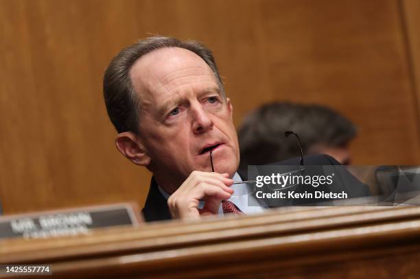 Sen. Pat Toomy Brown , Ranking Member on the Senate Banking, Housing, and Urban Affairs Committee, attends a hearing on Russian sanctions, on Capitol...