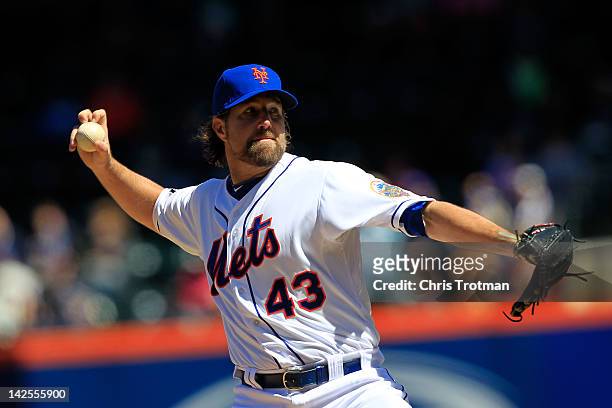 Dickey of the New York Mets pitches against the Atlanta Braves at Citi Field on April 7, 2012 in the Flushing neighborhood of the Queens borough of...