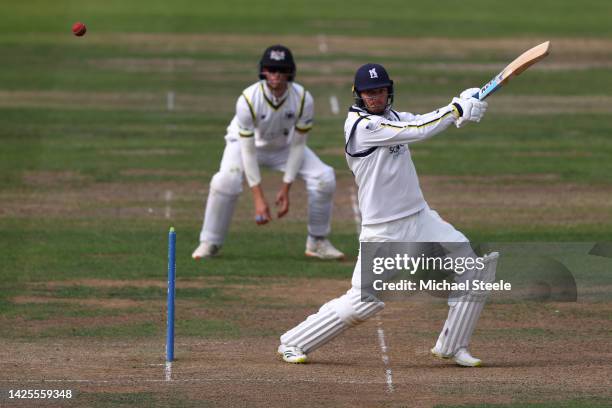 Danny Briggs of Warwickshire hits out during day one of the LV=Insurance County Championship match between Gloucestershire and Warwickshire at Seat...