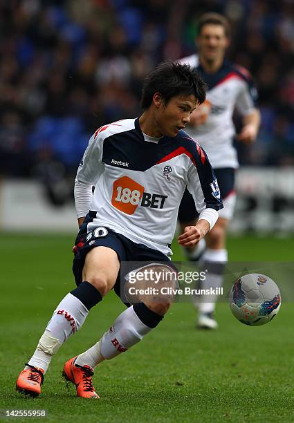 Ryo Miyaichi of Bolton Wanderers in action during the Barclays Premier League match between Bolton Wanderers and Fulham at Reebok Stadium on April 7,...