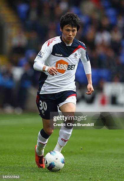 Ryo Miyaichi of Bolton Wanderers in action during the Barclays Premier League match between Bolton Wanderers and Fulham at Reebok Stadium on April 7,...