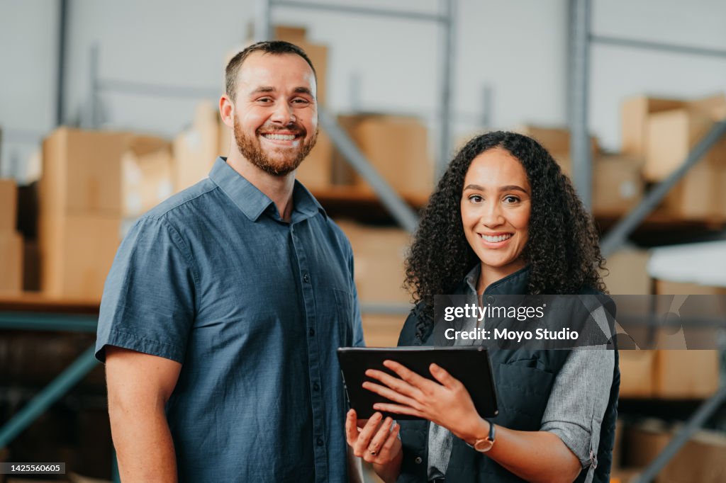 Logistics, ecommerce and people in a warehouse portrait with tablet for stock inventory or package management app. Happy employees, workers or manager working in b2b business or supply chain industry