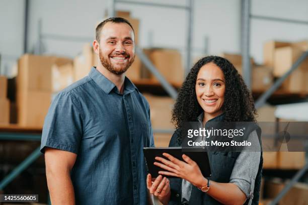logistics, ecommerce and people in a warehouse portrait with tablet for stock inventory or package management app. happy employees, workers or manager working in b2b business or supply chain industry - sports merchandise stock pictures, royalty-free photos & images