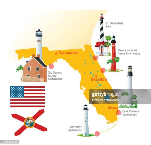 florida's lighthouses and map of florida - orlando florida map stock illustrations