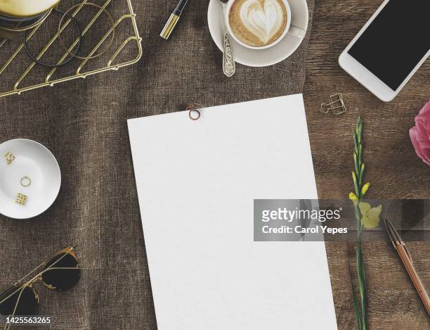 paper blank,template.neutral background with golden pen and white flowers - branch office stock pictures, royalty-free photos & images