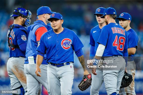 Manuel Rodriguez of the Chicago Cubs leaves the game in the eighth inning of their MLB game against the Toronto Blue Jays at Rogers Centre on August...