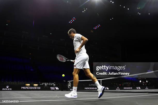 Roger Federer walks onto the court during a practice session ahead of the Laver Cup at The O2 Arena on September 20, 2022 in London, England.