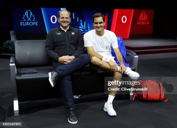 Roger Federer and Tony Godsick, CEO of Team8, Chairman of Laver Cup and Roger Federer's long time agent pose for a photograph ahead of the Laver Cup...