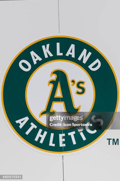 Detailed view of an Oakland Athletics logo during a regular season game against the Chicago White Sox on July 2 at RingCentral Coliseum in Oakland,...