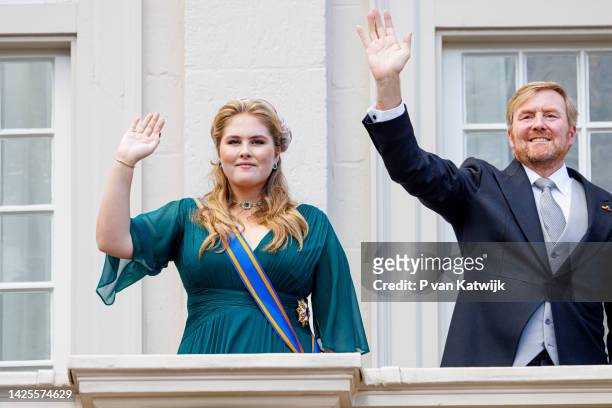 Princess Amalia of The Netherlands and King Willem-Alexander of The Netherlands at the balcony of Palace Noordeinde after the opening of the...